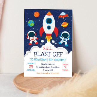 Outer Space Rocket Ship Astronaut Galaxy Birthday Invitation