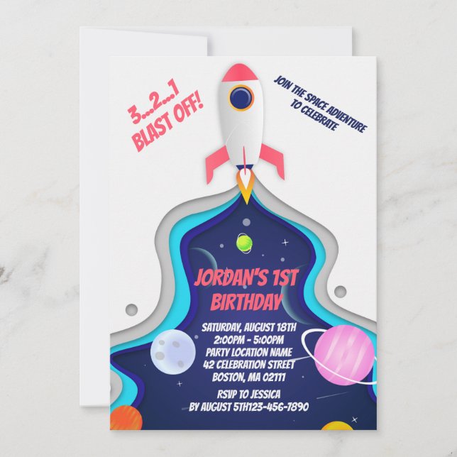 Outer Space Rocket Ship Birthday Party Invitation (Front)
