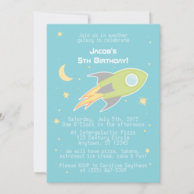 Outer Space Rocket Ship Cyborg Blue Invitations (Front)