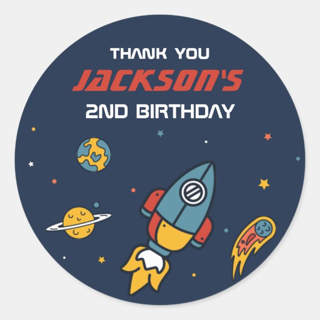 Outer Space Rocket Ship Kids Birthday Party Classic Round Sticker (Front)