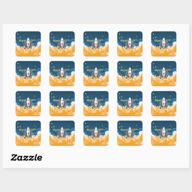 Outer Space Rocket Ship Personalized Name Square Sticker (Sheet)