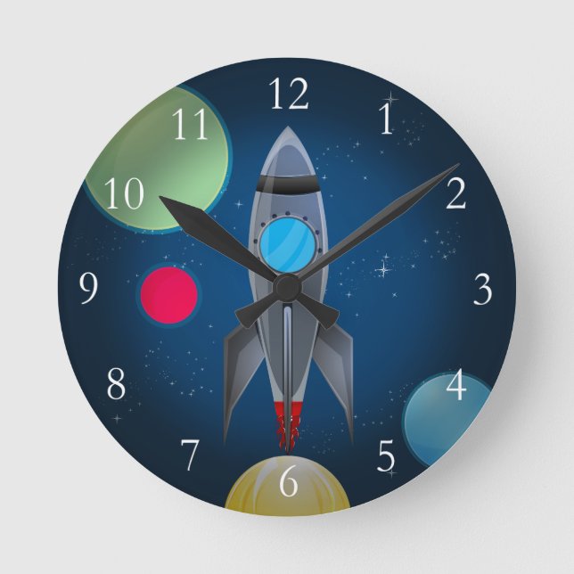 Outer Space Rocket Ship Round Clock (Front)