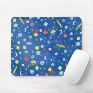 Outer Space Rocketship UFO Pattern Watercolor Mouse Pad