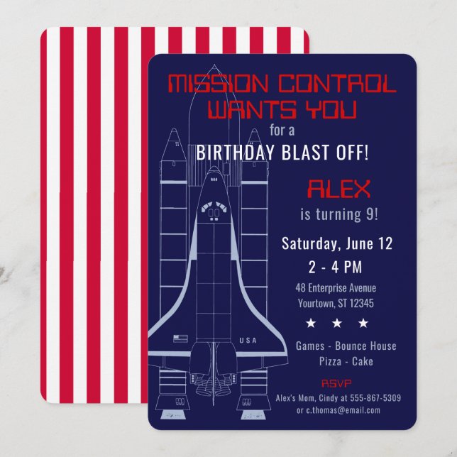 Outer Space Shuttle / Astronaut Birthday Invitation (Front/Back)