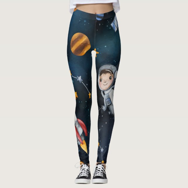 Outer Space Shuttle Night Stars Planet Leggings (Front)