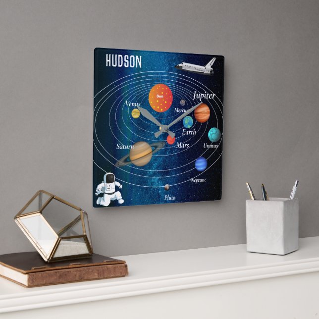 Outer Space Solar System Astronaut Spaceship Pluto Square Wall Clock (Office)