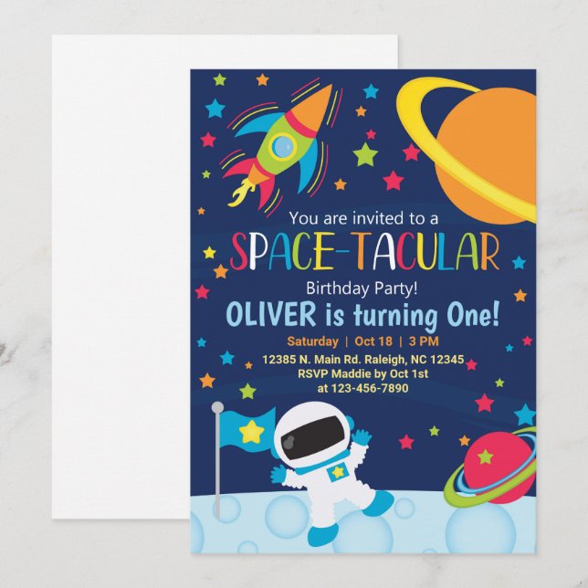 Outer space spacetacular boy birthday invitation.  invitation (Front/Back)