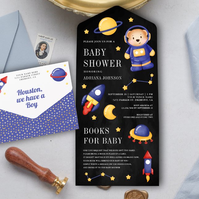 Outer Space Teddy Bear Astronaut Black Baby Shower All In One Invitation (Creator Uploaded)