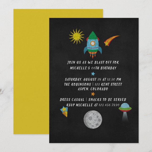 Outer Space themed Chalkboard Birthday Invitation (Front/Back)