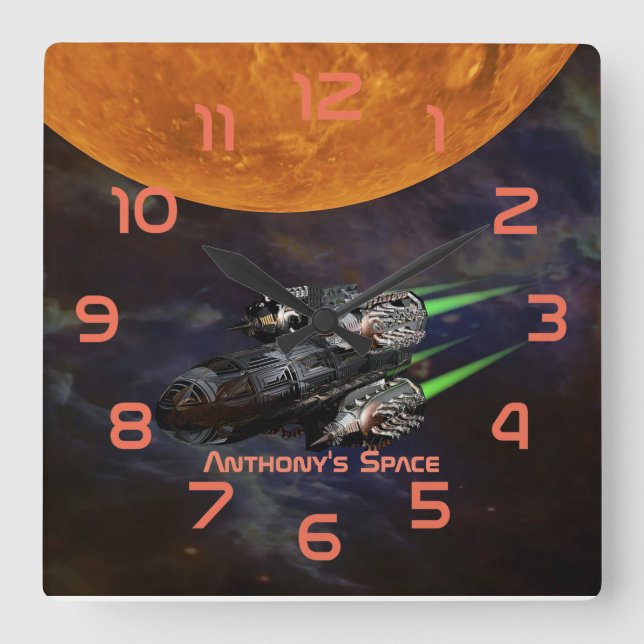 Outer Space themed Kids Room personalized Square Wall Clock (Front)