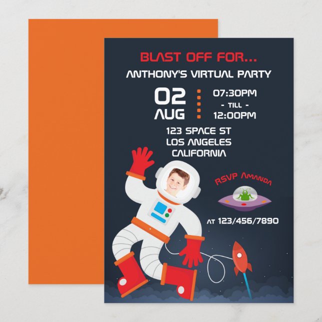 Outer Space Themed Virtual Birthday Party Photo Invitation (Front/Back)
