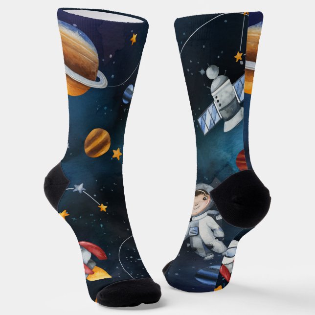 Outer Space Travel Galaxy Stars Moon Socks (Angled)