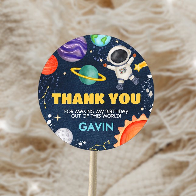 Outer Space Trip Around the Sun Birthday Party Classic Round Sticker (Outer Space Trip Around the Sun Birthday Party Sticker)