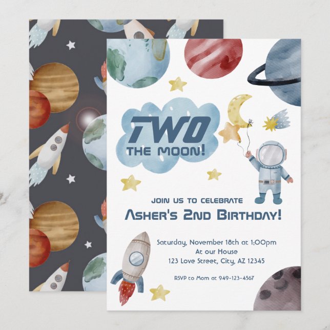 Outer Space Two the Moon 2nd Birthday Invitation (Front/Back)