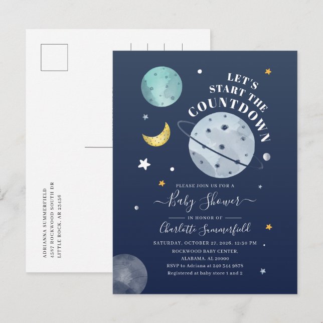Outer Space Typography Baby Shower Invitation Postcard (Front/Back)