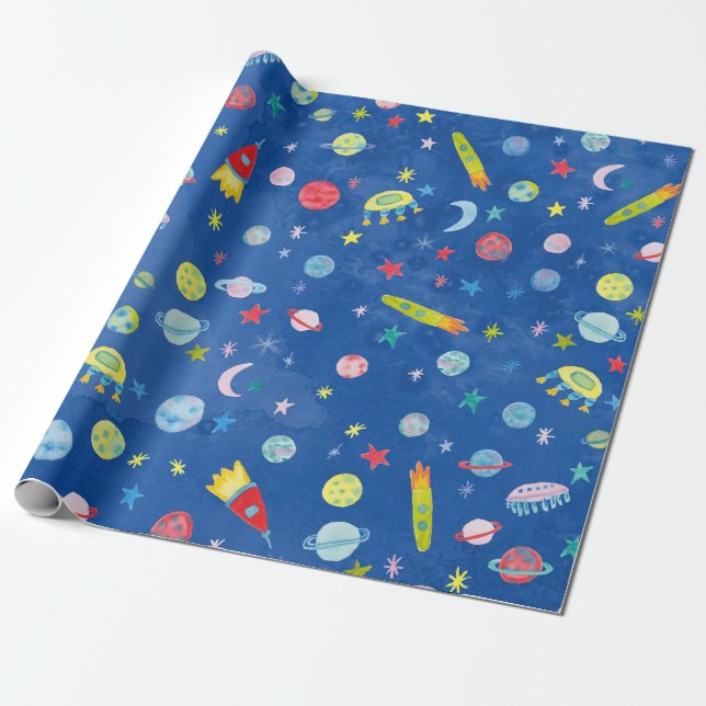 Outer Space UFO Planets Rocket Pattern Watercolor Wrapping Paper (Unrolled)