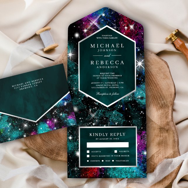 Outer Space Universe Teal Red Pink Galaxy Wedding All In One Invitation (Creator Uploaded)