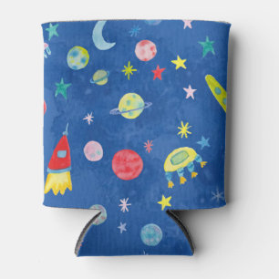 Outer Space Universe UFO PLanet Watercolor Pattern Can Cooler