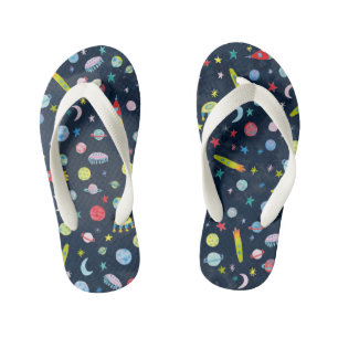 Outer Space Universe UFO PLanet Watercolor Pattern Kid's Flip Flops