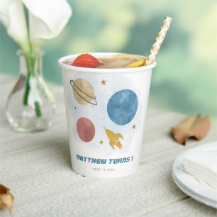 Outer Space Watercolor Planet Boy 1st Birthday  Paper Cups