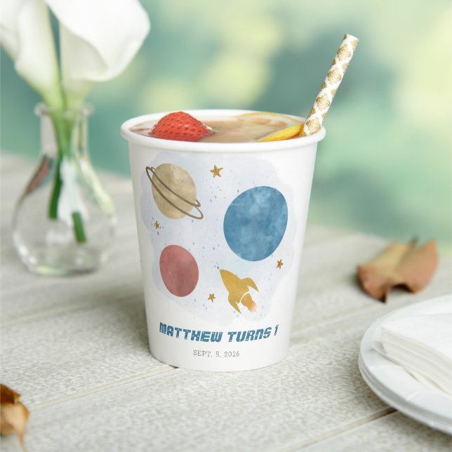 Outer Space Watercolor Planet Boy 1st Birthday  Paper Cups (Insitu)