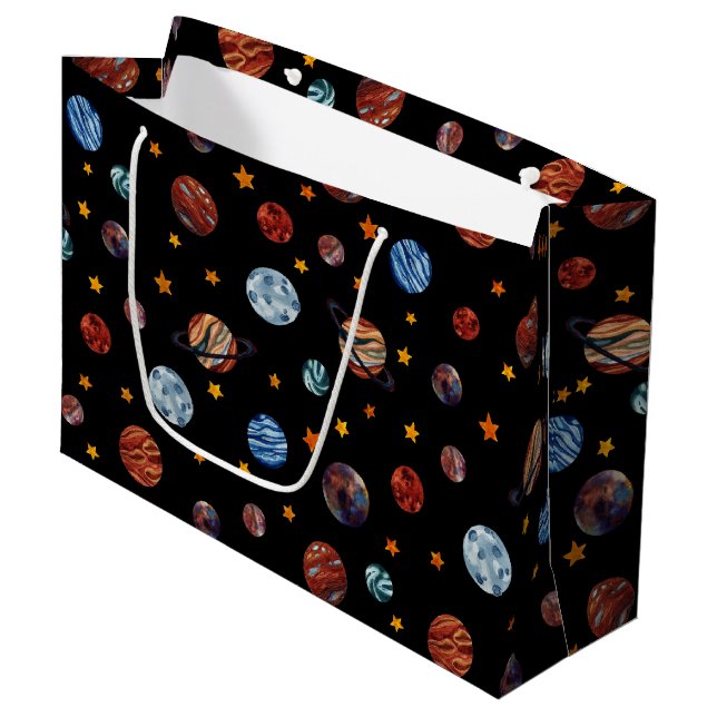 Outer Space Watercolor Planets and Stars  Large Gift Bag (Front Angled)