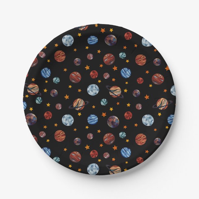 Outer Space Watercolor Planets and Stars   Paper Plate (Front)