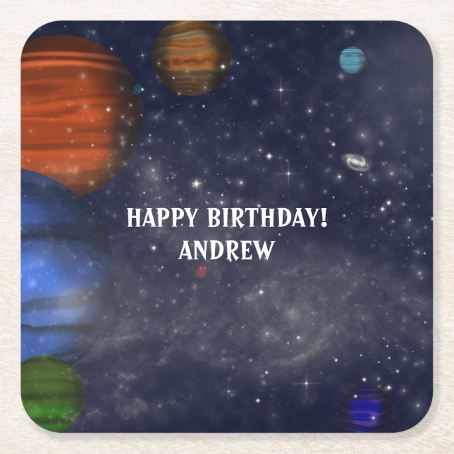 Outer Space with planets and galaxies Square Paper Coaster (Front)