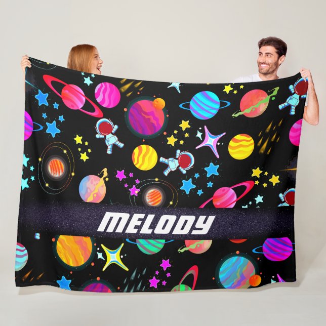 outerspace planet galaxy moon and stars pattern fleece blanket (In Situ)