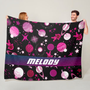 outerspace planet galaxy moon and stars pattern fleece blanket