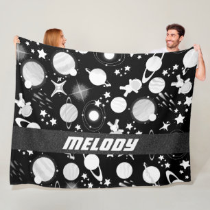 outerspace planet galaxy moon and stars pattern fleece blanket