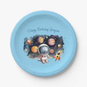 Outerspace Planets Blue Birthday Paper Plate