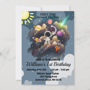 Outerspace Planets Blue First Birthday  Invitation