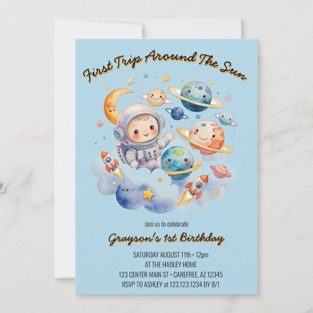 Outerspace Planets Blue First Birthday  Invitation (Front)