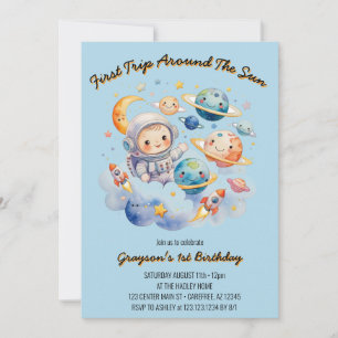 Outerspace Planets Blue First Birthday Invitation