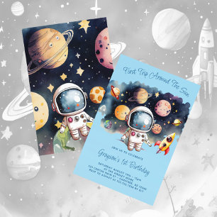 Outerspace Planets Blue First Birthday Invitation