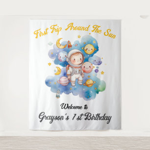 Outerspace Planets Blue First Birthday  Tapestry