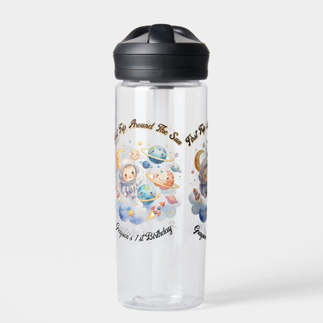 Outerspace Planets Blue First Birthday  Water Bottle (Front)