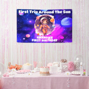 Outerspace Planets Pink Girl First Birthday Banner