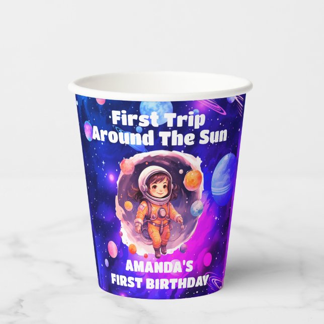 Outerspace Planets Pink Girl First Birthday Paper Cups (Front)
