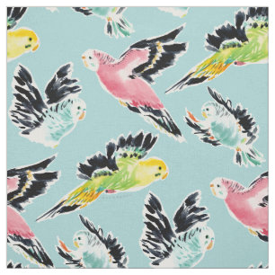 OUTFLIERS Cute Parakeet Print Aqua Fabric