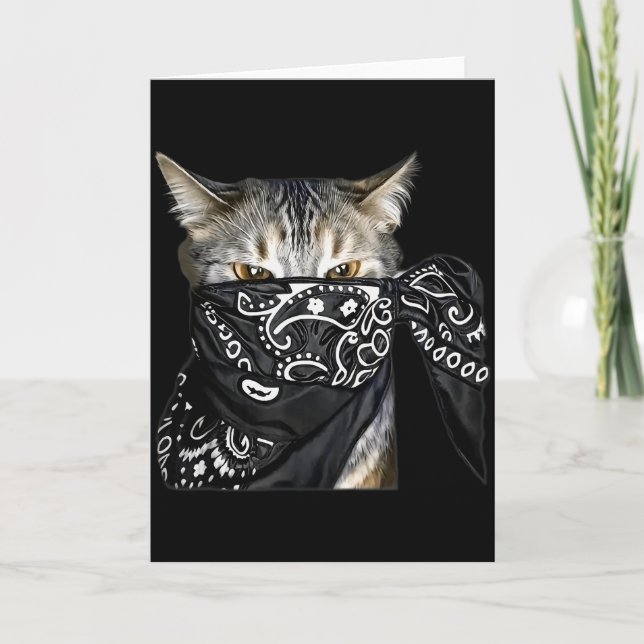 Outlaw Cat Funny Gangster Cat With Bandana  Card (Front)