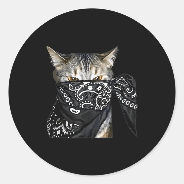 Outlaw Cat Funny Gangster Cat With Bandana  Classic Round Sticker (Front)