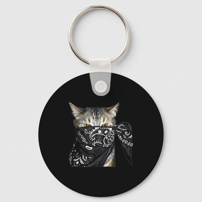 Outlaw Cat Funny Gangster Cat With Bandana  Keychain (Front)