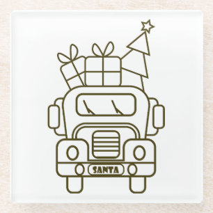 Outline Christmas truck Santa car front view Glass Coaster
