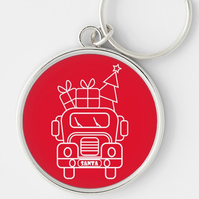Outline Christmas truck Santa car front view Keychain (Front)