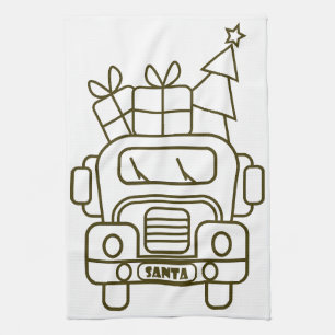 Outline Christmas truck Santa car front view Kitchen Towel