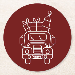 Outline Christmas truck Santa car front view Round Paper Coaster