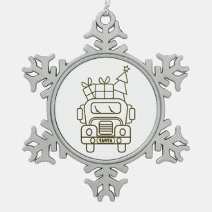 Outline Christmas truck Santa car front view Snowflake Pewter Christmas Ornament