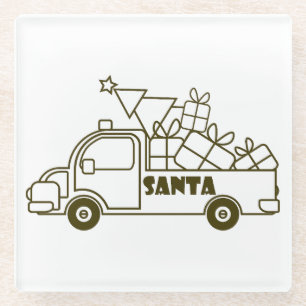 Outline Christmas truck Santa car side view Glass Coaster